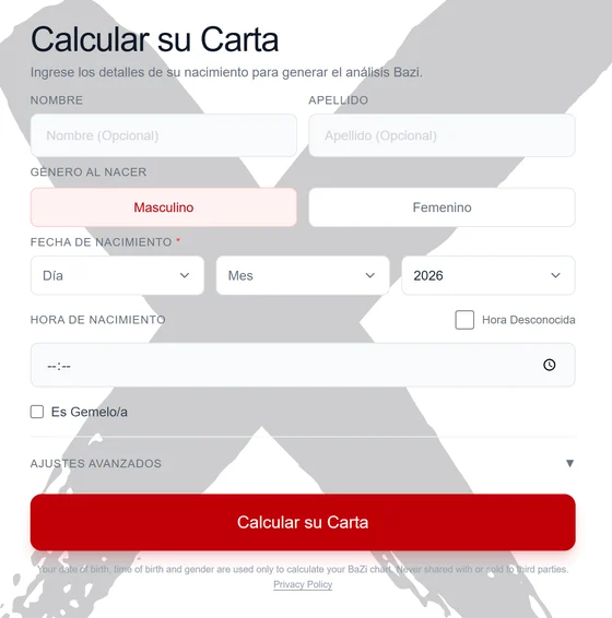 Formulario para calcular la carta BaZi gratis en la página de inicio de bazi.fengshuix.com