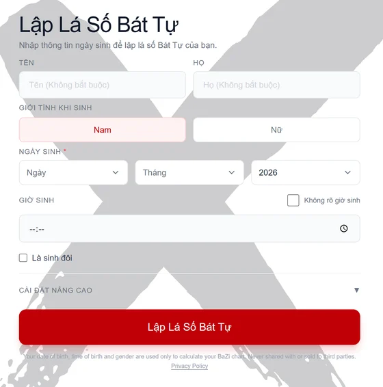 Biểu mẫu lập lá số Bát Tự miễn phí trên trang chủ bazi.fengshuix.com